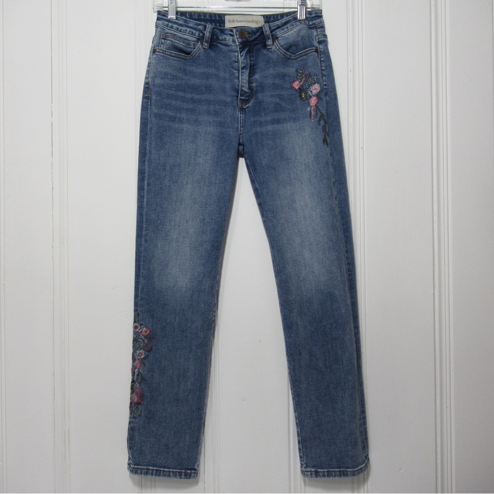 Soft Surroundings Floral Embroidered Denim Jeans Size 4